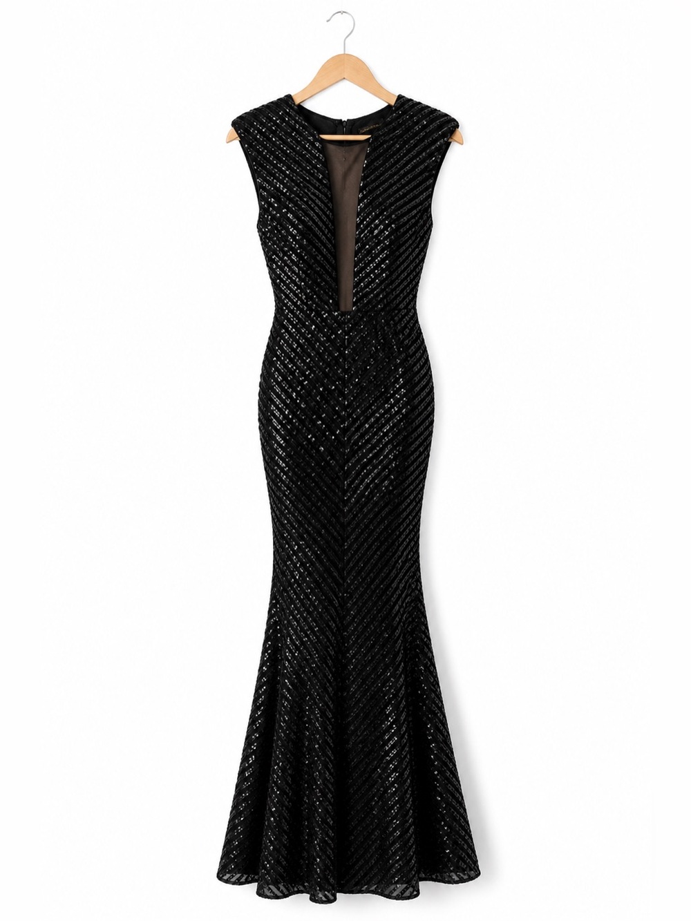 Black Sequin Mermaid Gown Mesh Plunge Formal Dress Size M NovaLuxe - Picture 4 of 6
